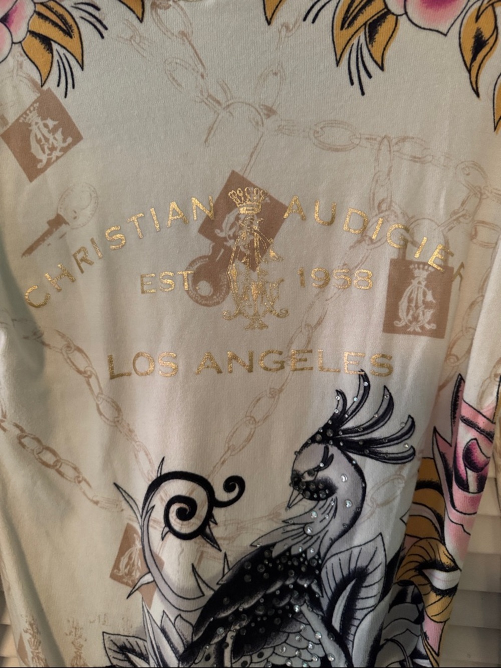 Christian Audigier Cream V-Neck Long Sleeve Top with Blue Peacock & Pink Roses - Picture 6 of 10